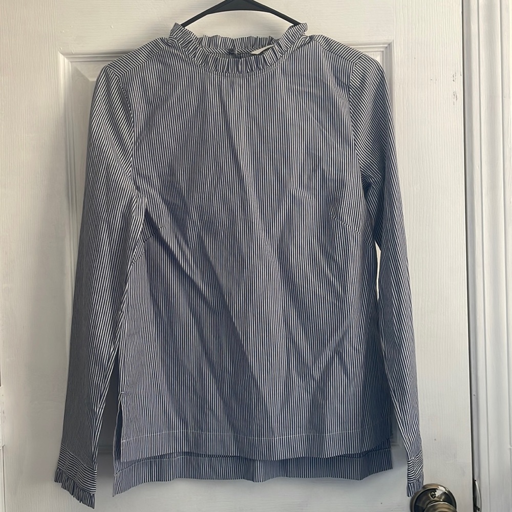 Navy striped high-neck cotton blouse